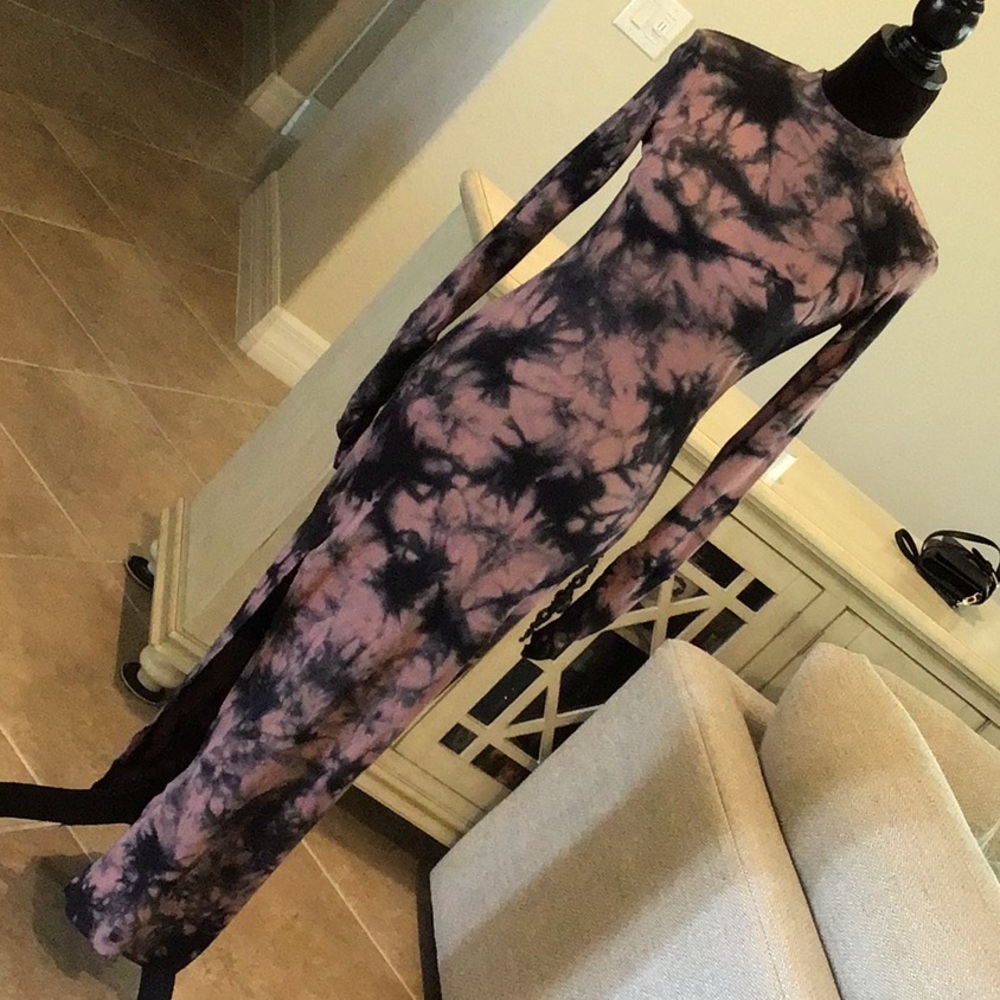 YFB maxi dress, long sleeves, tie dye, plum/black, size small, slit on one side